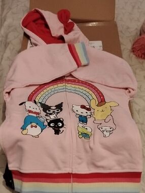Sanrio Pink Rainbow Character Zip-Up Hoodie Kids XS (4/5) Bow Hello Kitty Kuromi